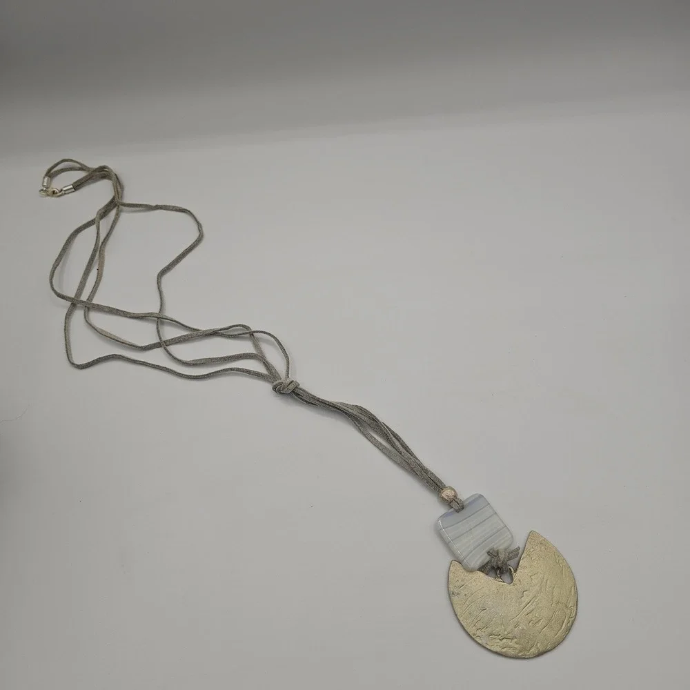 Handmade‎ Pendant Necklace Gray Glass Metal Suede Cord Geometric Boho